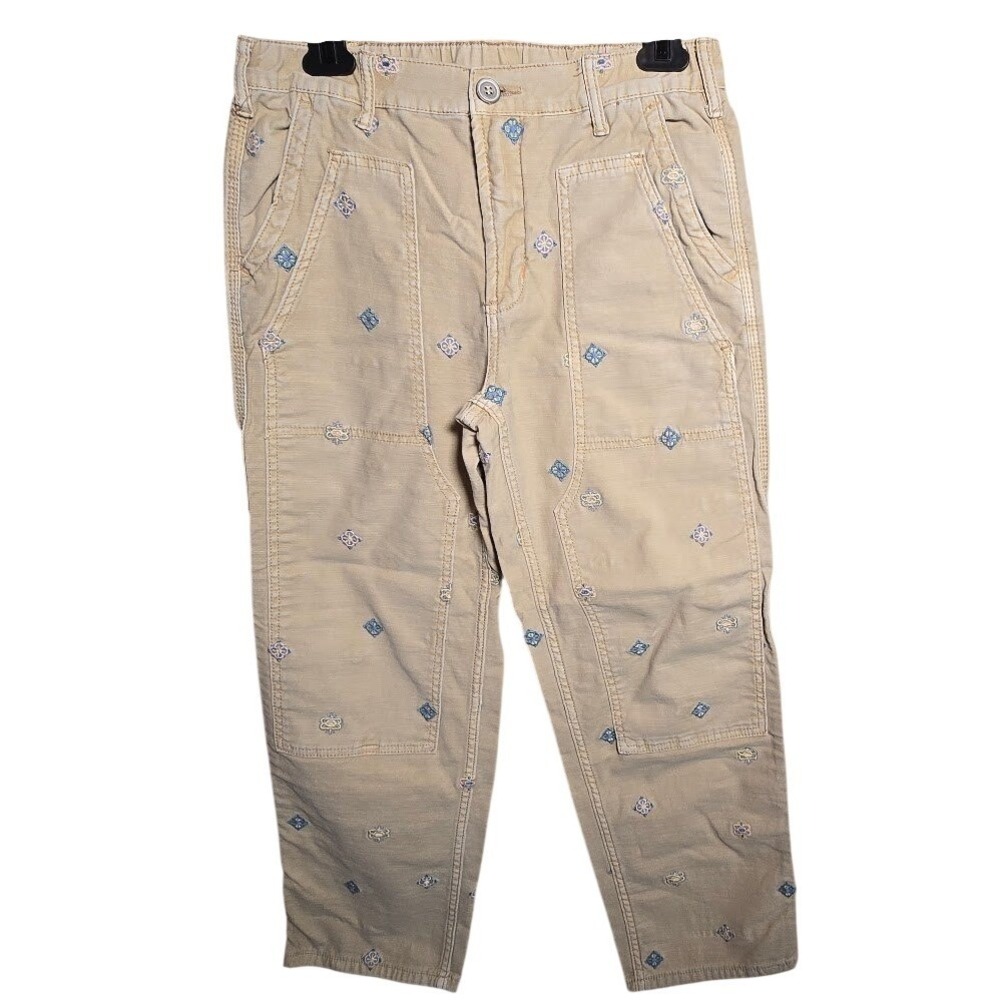 Pilcro Anthropologie Embroidered Cargo Pants Tan Khaki Straight Leg Womens 27